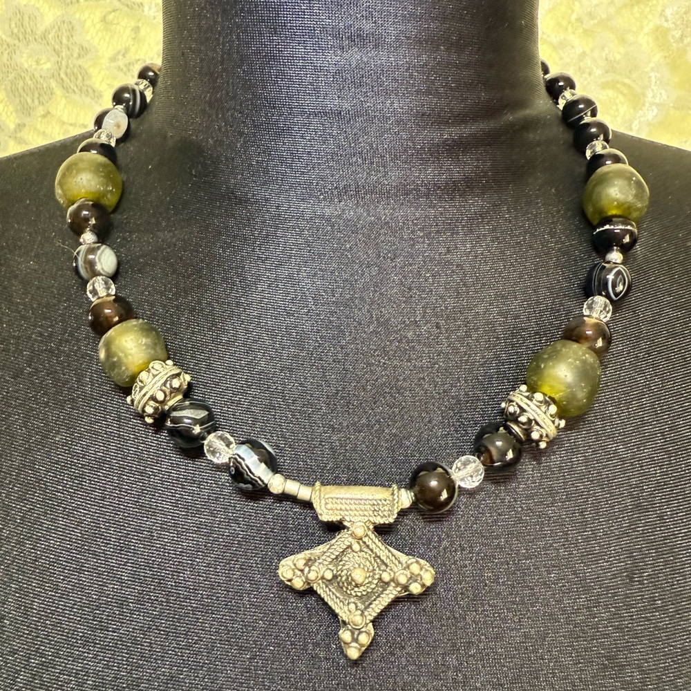 RARE one of a kind beaded necklace black agate gemstones handmade tribal pendant